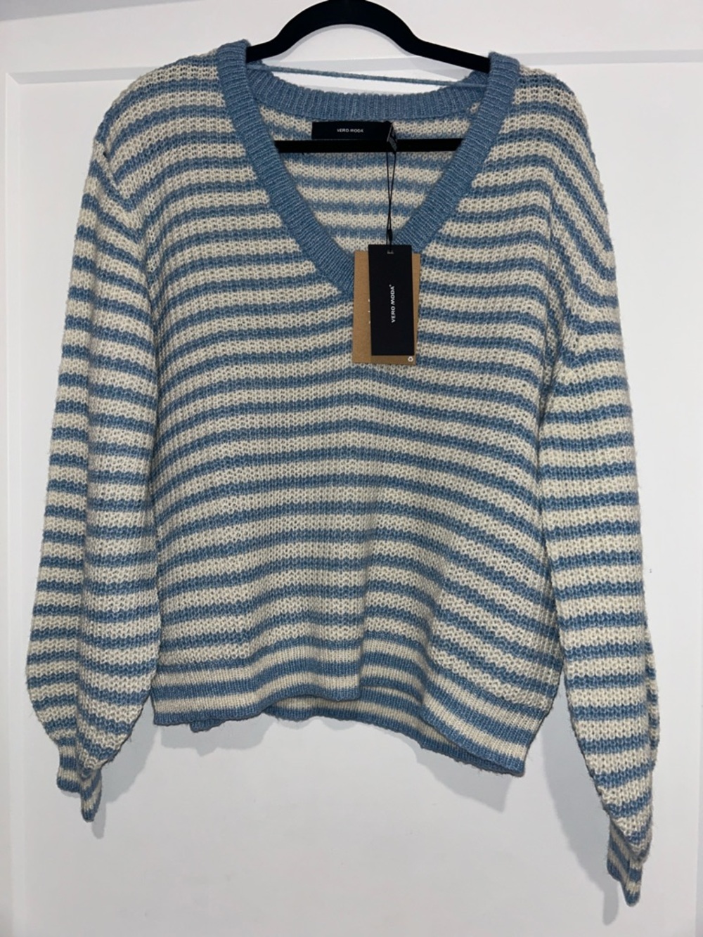 NWT Striped V-Neck Knit Sweater - Blue & Cream